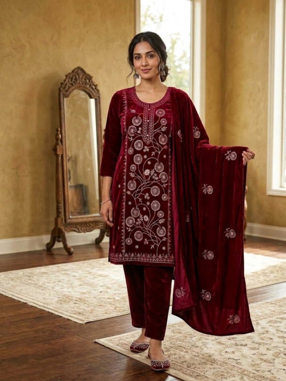 Women's Rich Velvet 3-Piece Embroidered Kurta Suit Set With Scoop Neck Tunic Tro